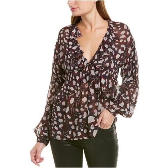 IRO Paris Realize Blouse Abstract Pattern V-Neck Ruffle Sheer 36/US 4 Black Wine - Picture 1 of 10